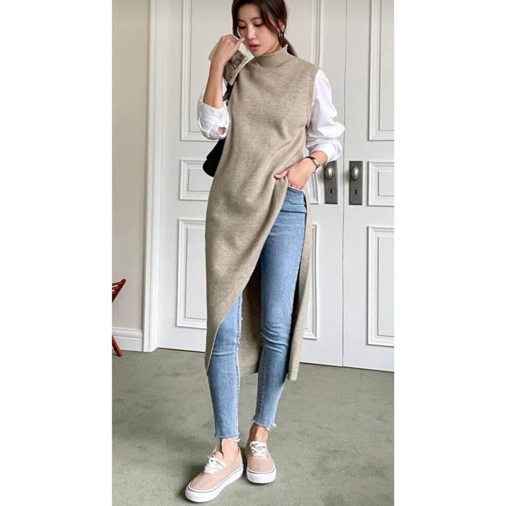 Sweater Dress Asymmetrical Lagenlook Cozy Y2K Old Money Modest Knit Sleeveless M